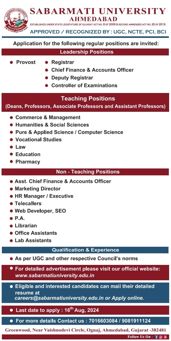 Sabarmati University Gujarat Teaching & Non-Teaching Job 2024